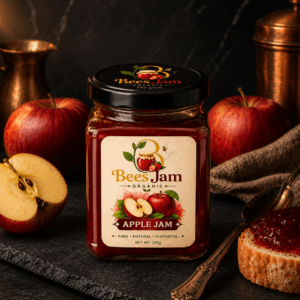 Home Bees Jam organic apple jam jar with fresh apples and jam spread on toast