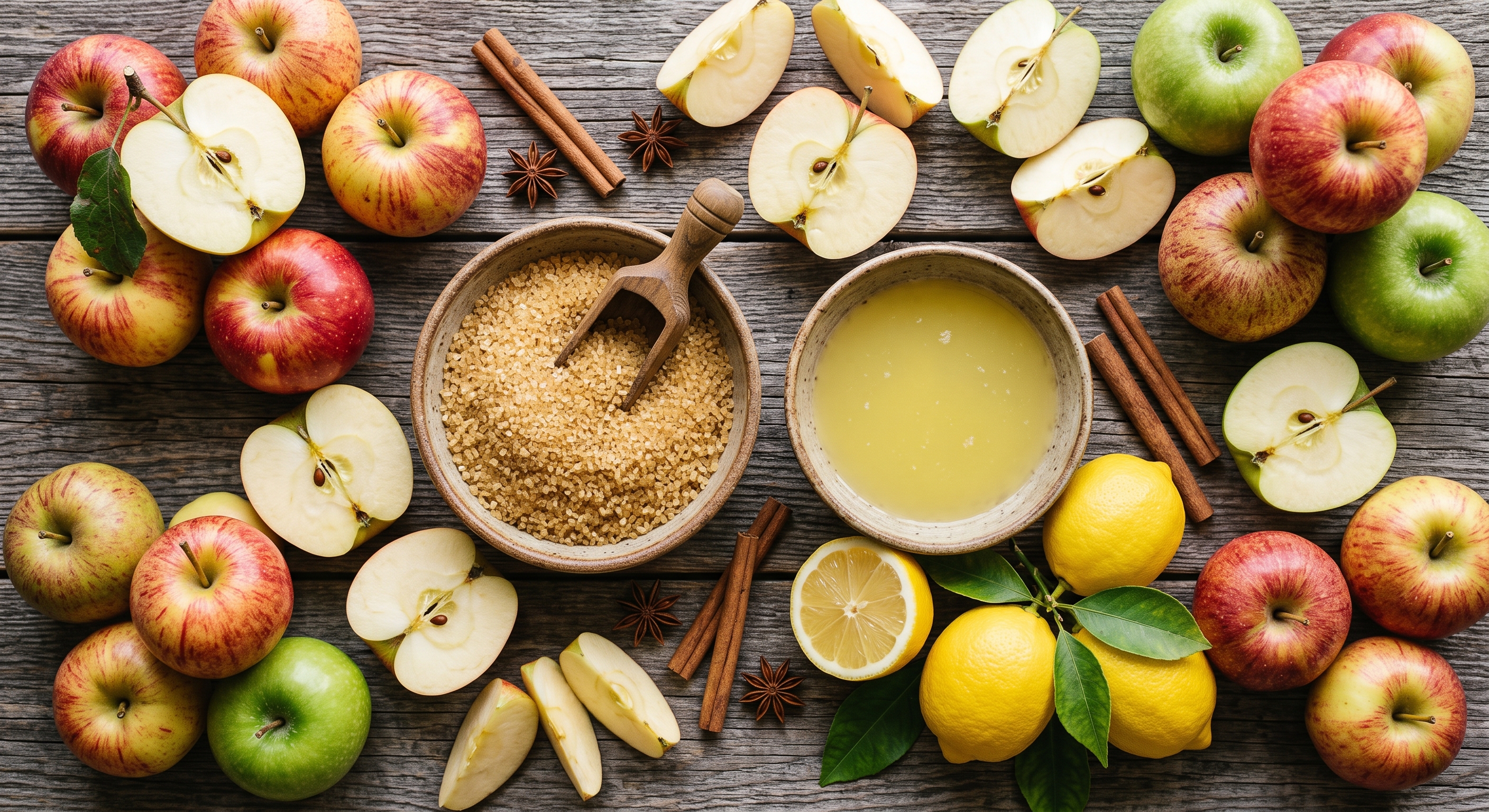 Fresh organic apples, cane sugar, and lemon juice ready for jam making