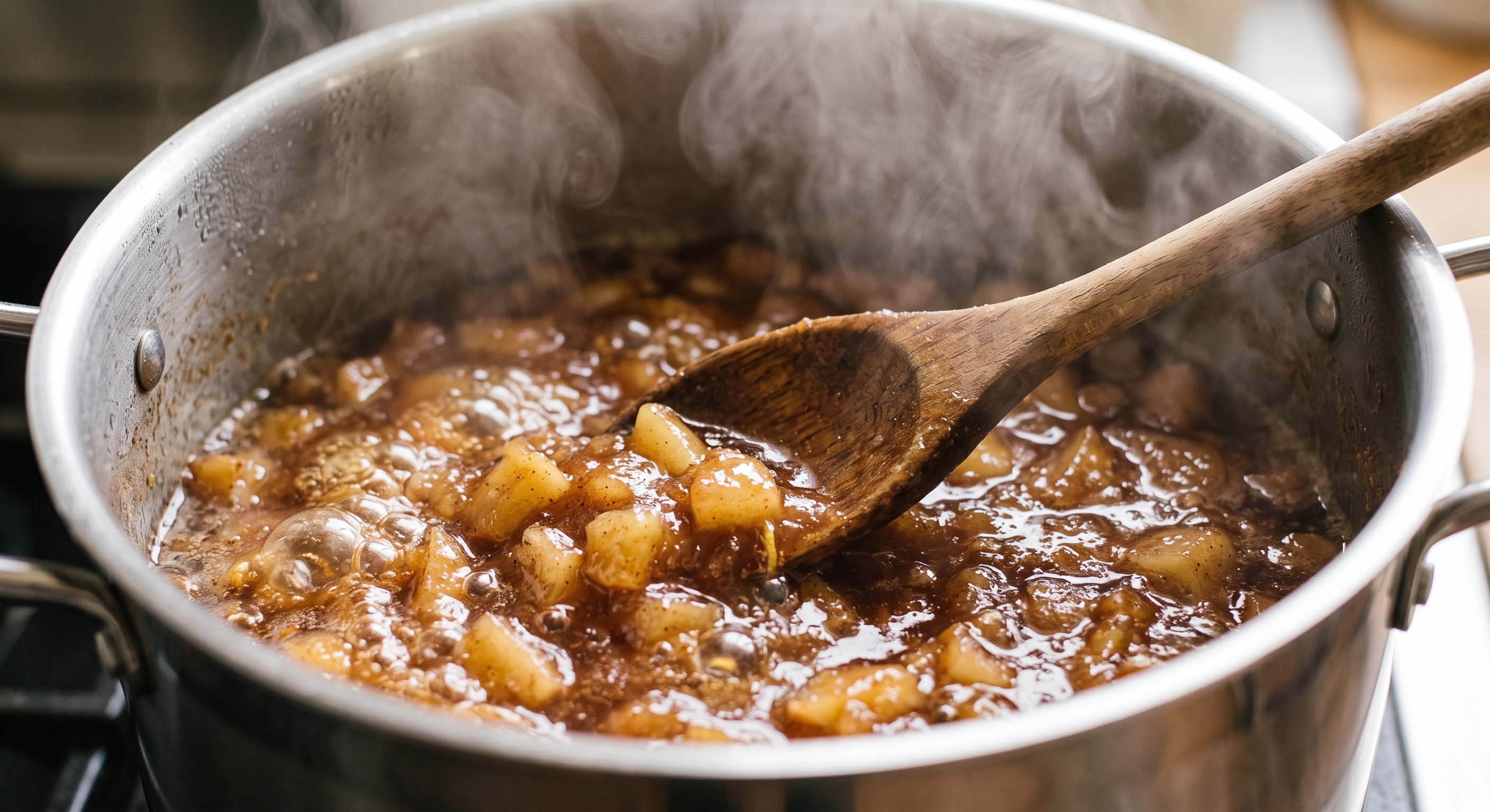 Simmering homemade apple jam in a heavy bottomed pot