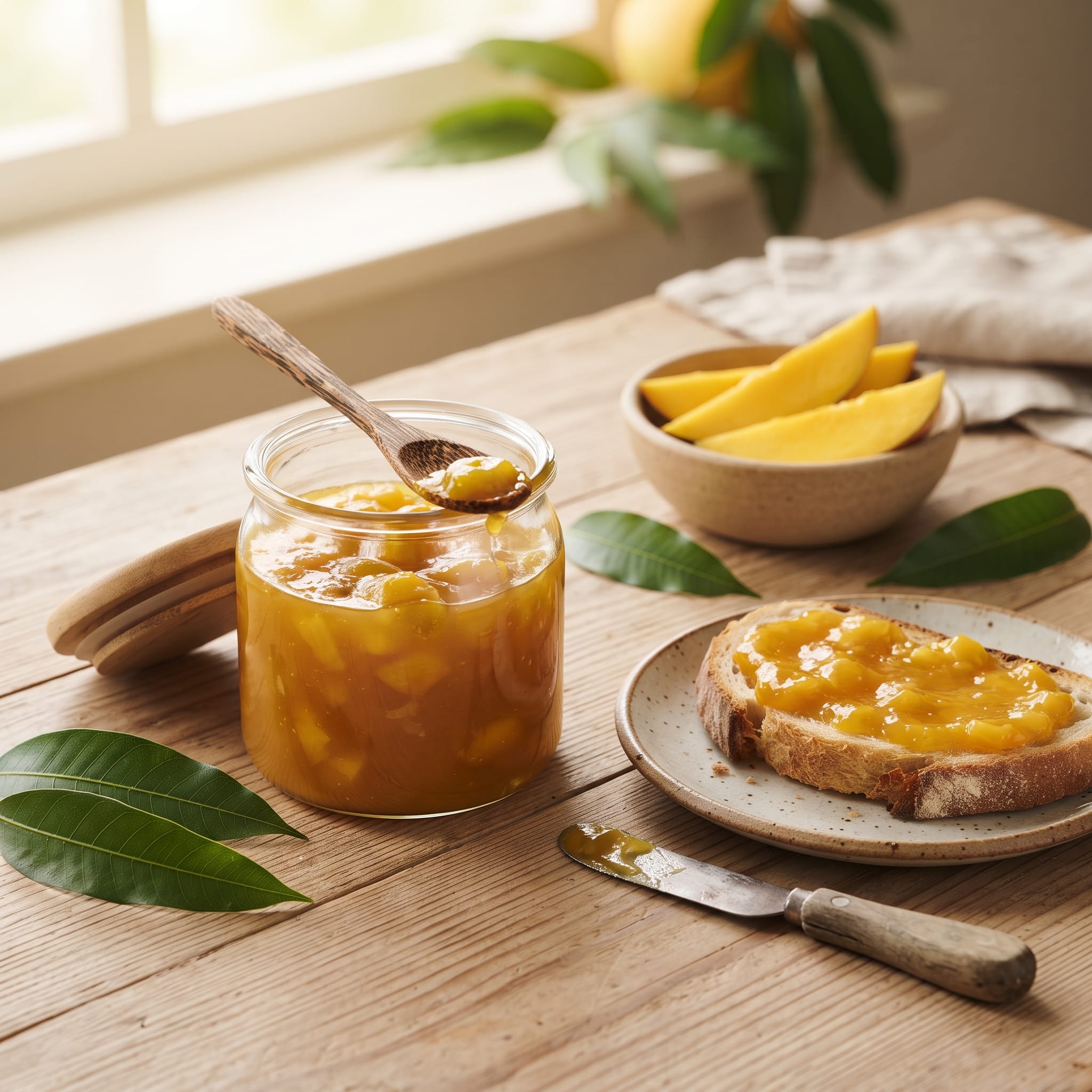 Homemade mango jam in a glass jar with fresh mango slices and toast