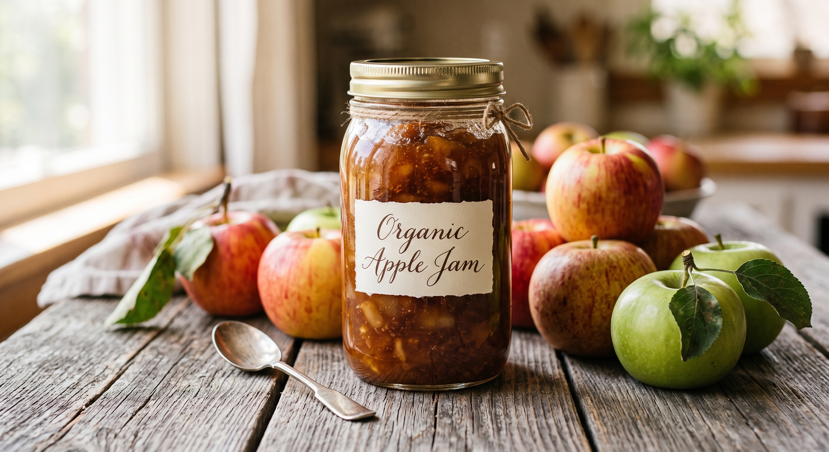 Homemade organic apple jam in a glass jar surrounded by fresh apples