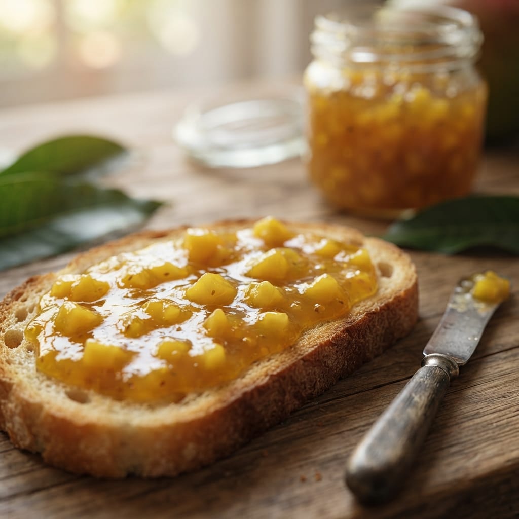 Close-up of thick homemade mango jam with fruit pieces on toast