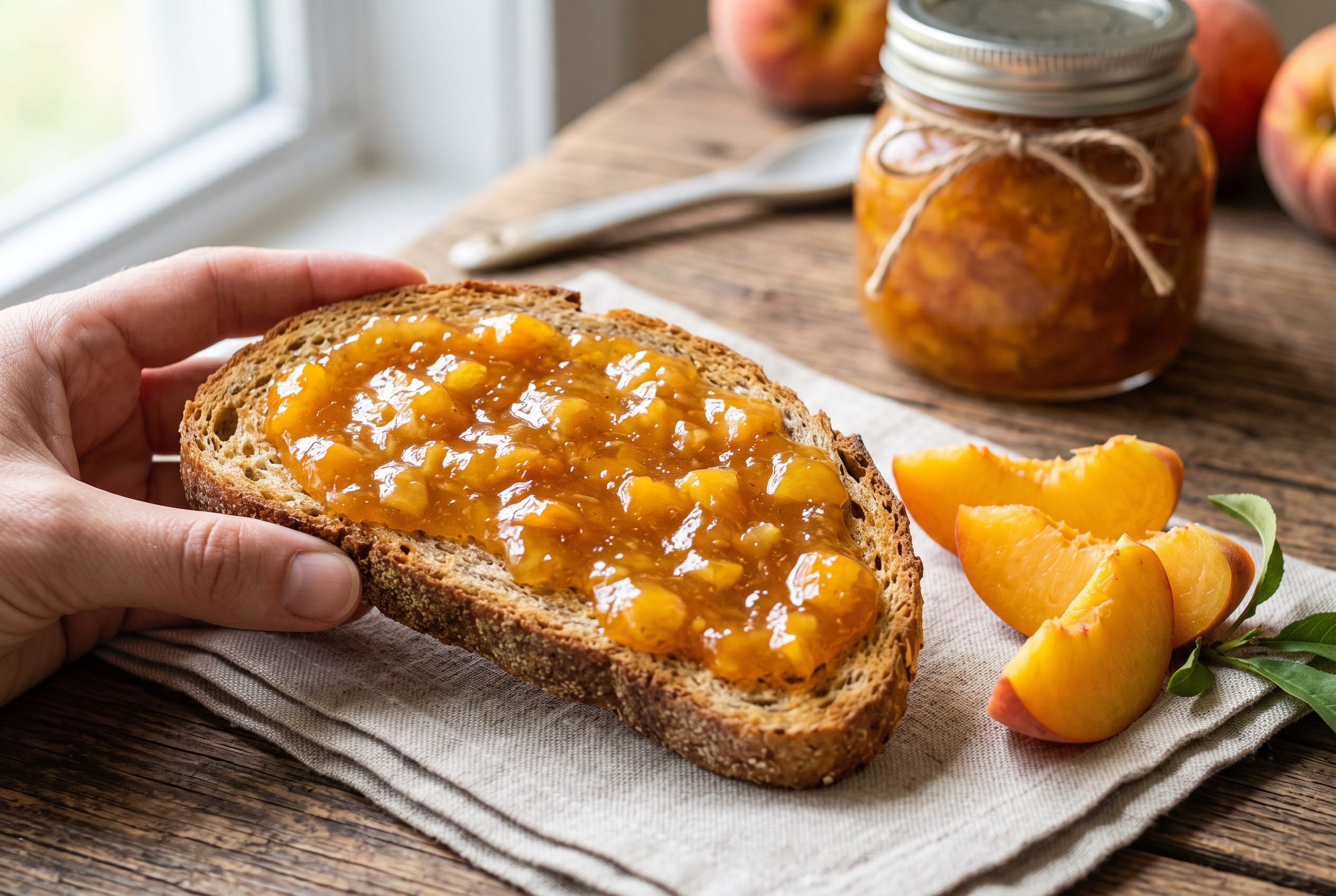 Homemade peach jam spread on toast showing its fruit texture