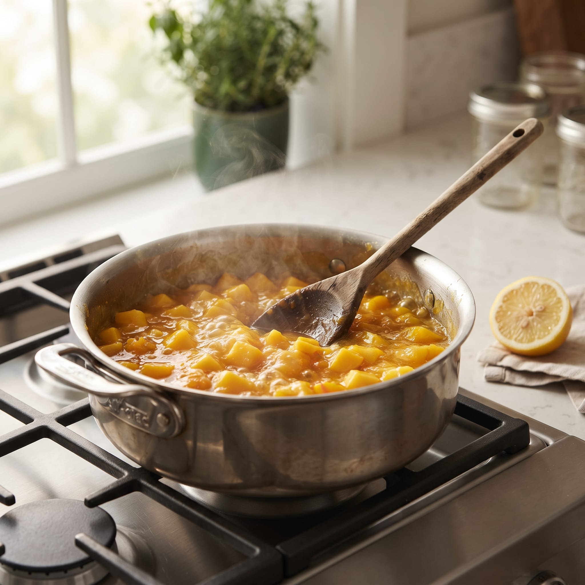 Mango jam simmering in a wide pot on the stovetop