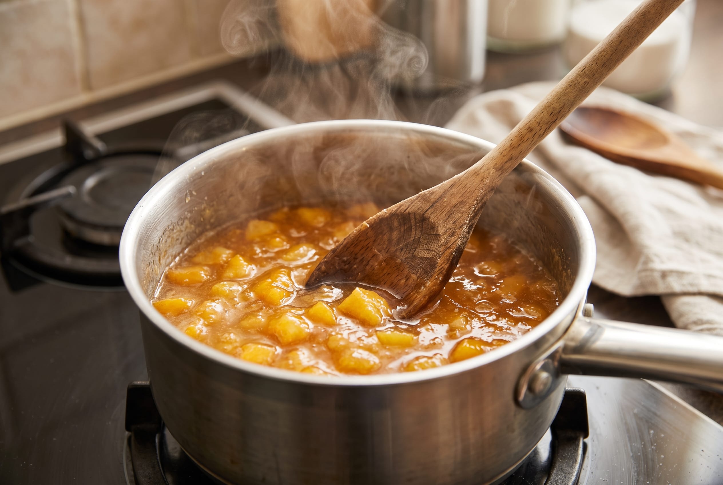 Peach jam cooking in a saucepan on a stovetop