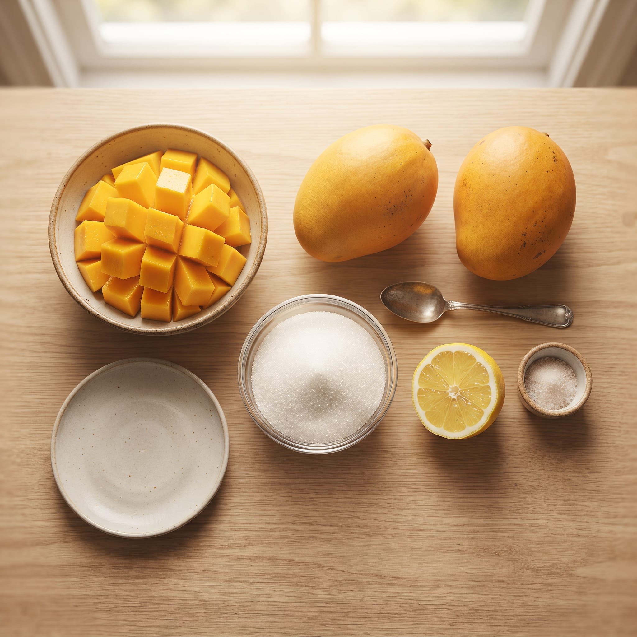 Ripe mango, sugar, lemon juice and salt for homemade mango jam