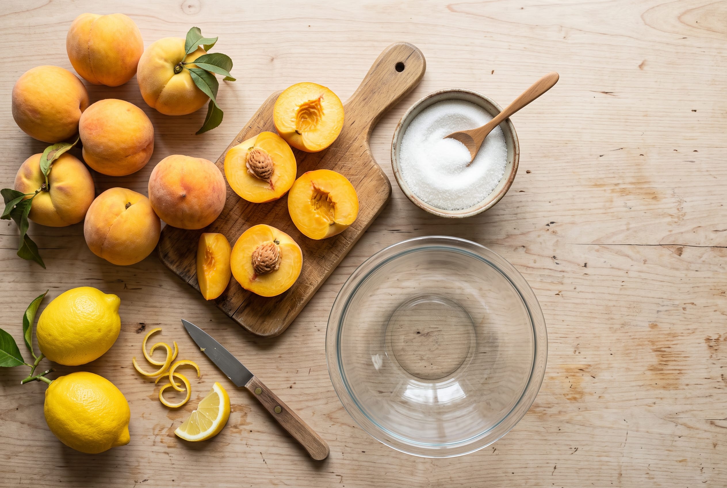 Fresh peaches sugar and lemon juice for homemade peach jam