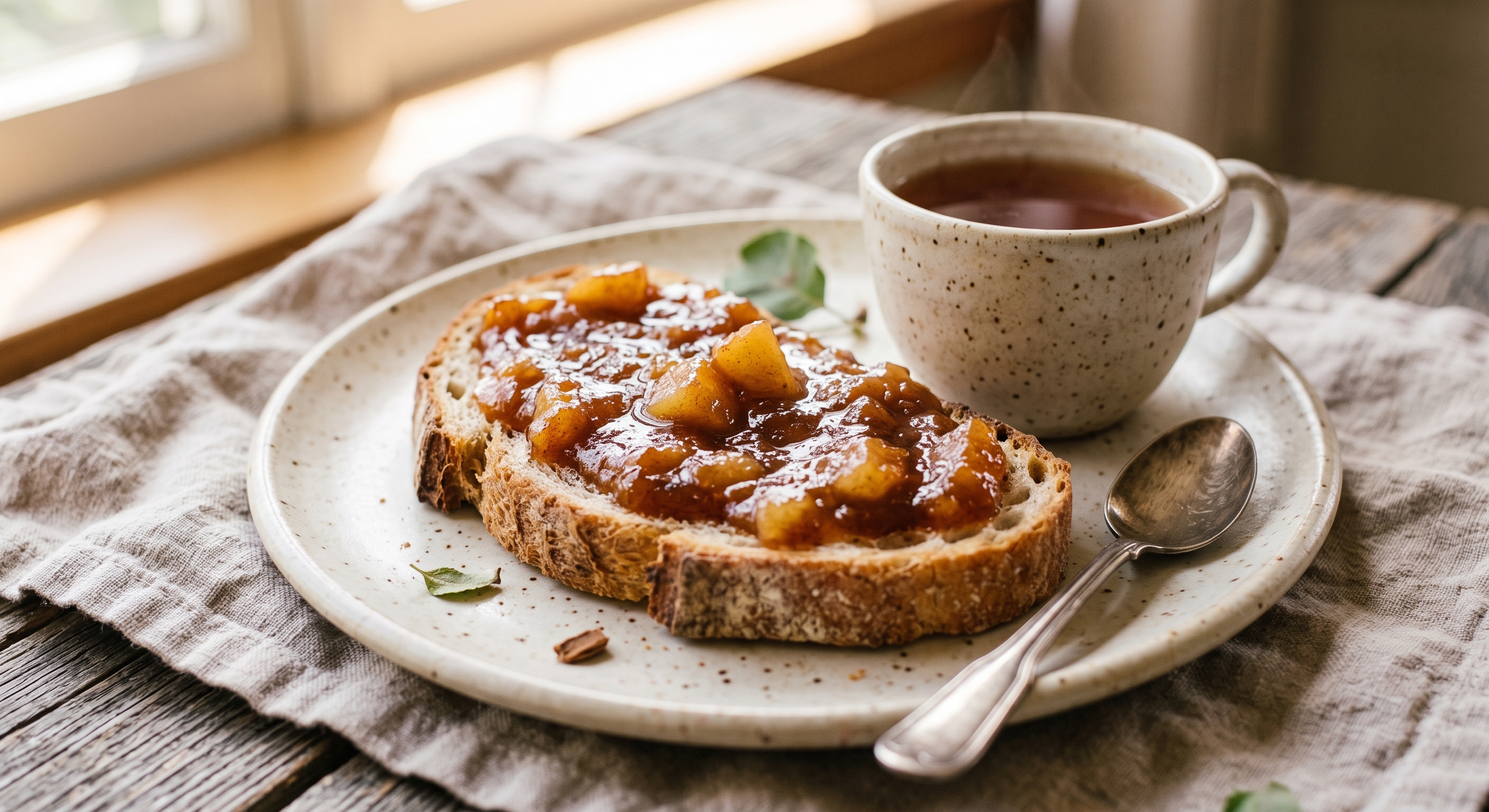 Organic apple jam spread on sourdough toast with tea