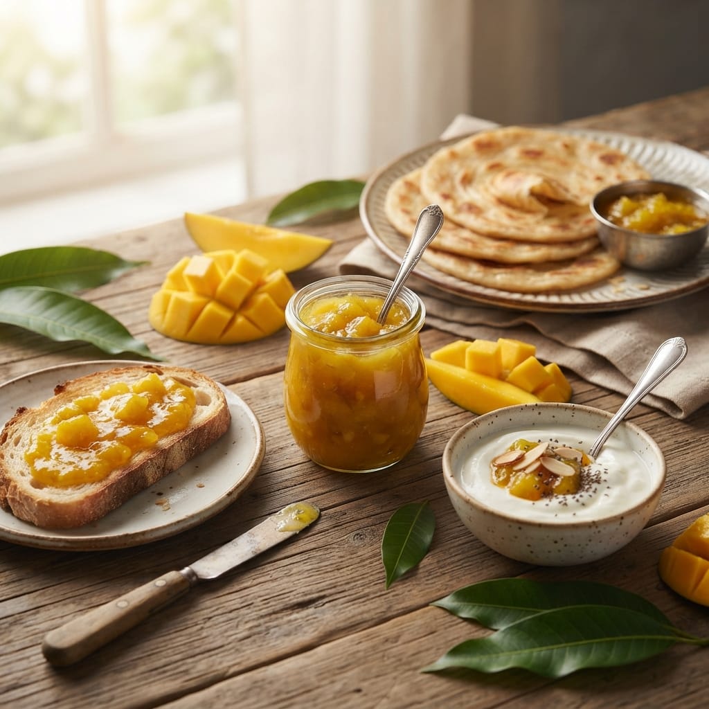 Ways to serve homemade mango jam with toast, yogurt and parathas