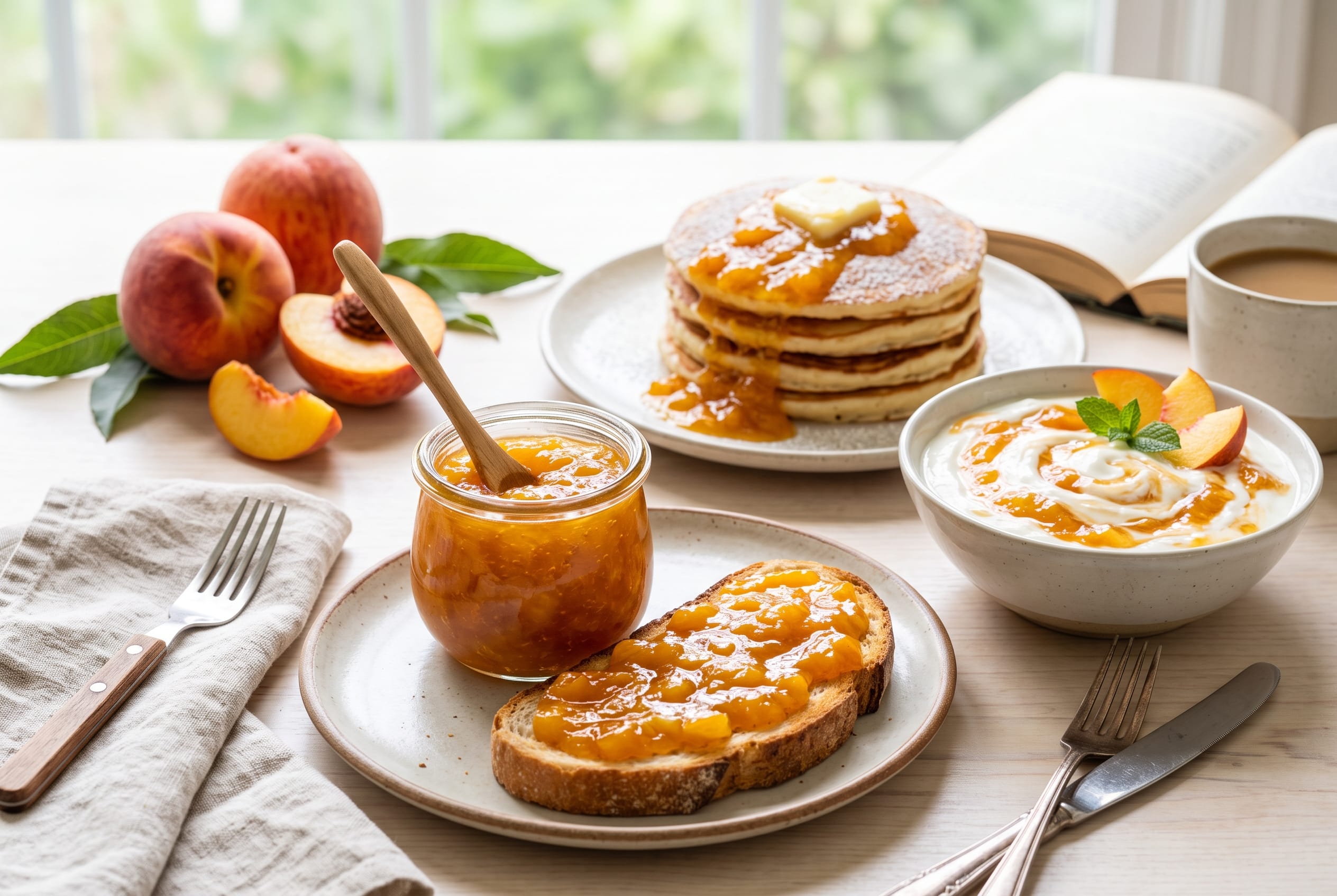 Ways to serve homemade peach jam with toast pancakes and yogurt